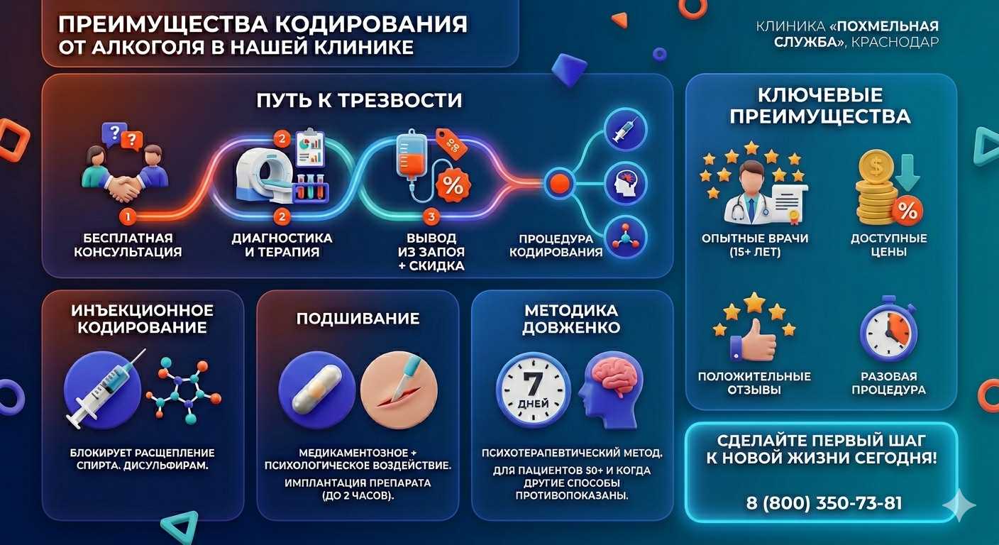 Инфографика о методах кодирования от алкоголя в Троицкой: инъекции, подшивание, метод Довженко. Преимущества клиники и этапы лечения.