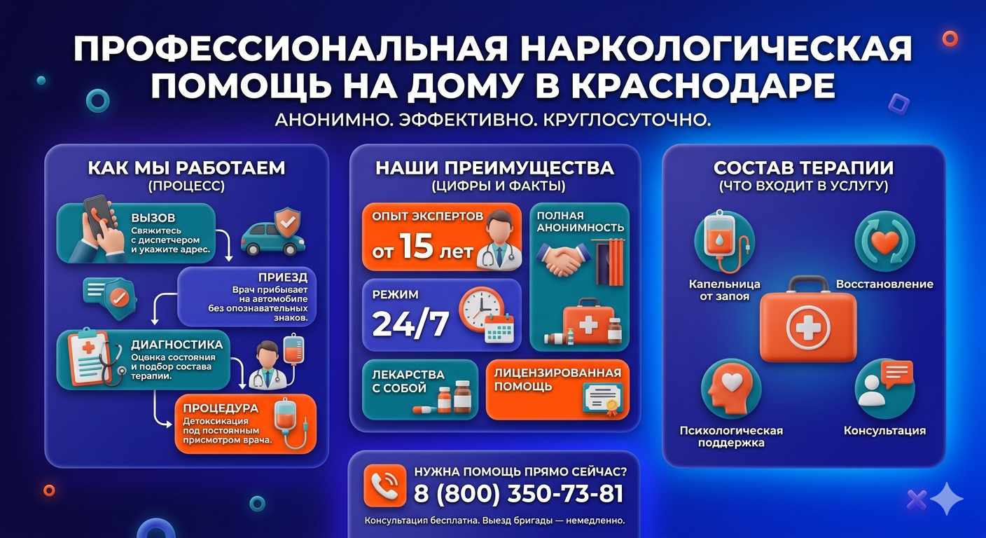 Инфографика о принципах лечения алкоголизма на дому в Троицкой: этапы вызова нарколога, преимущества анонимной детоксикации и состав медицинской помощи.